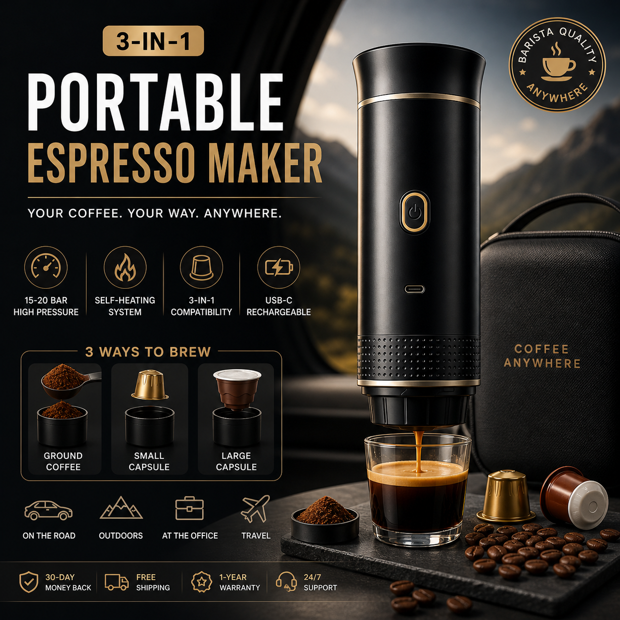 Wireless Electric Portable Espresso Coffee Machine for Car & Home Camping Coffee Maker 3-in-1 Capsule Powder
