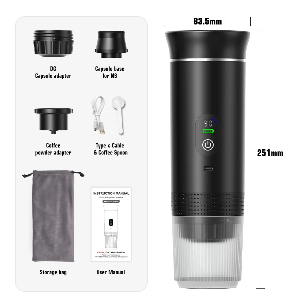 Wireless Electric Portable Espresso Coffee Machine for Car & Home Camping Coffee Maker 3-in-1 Capsule Powder