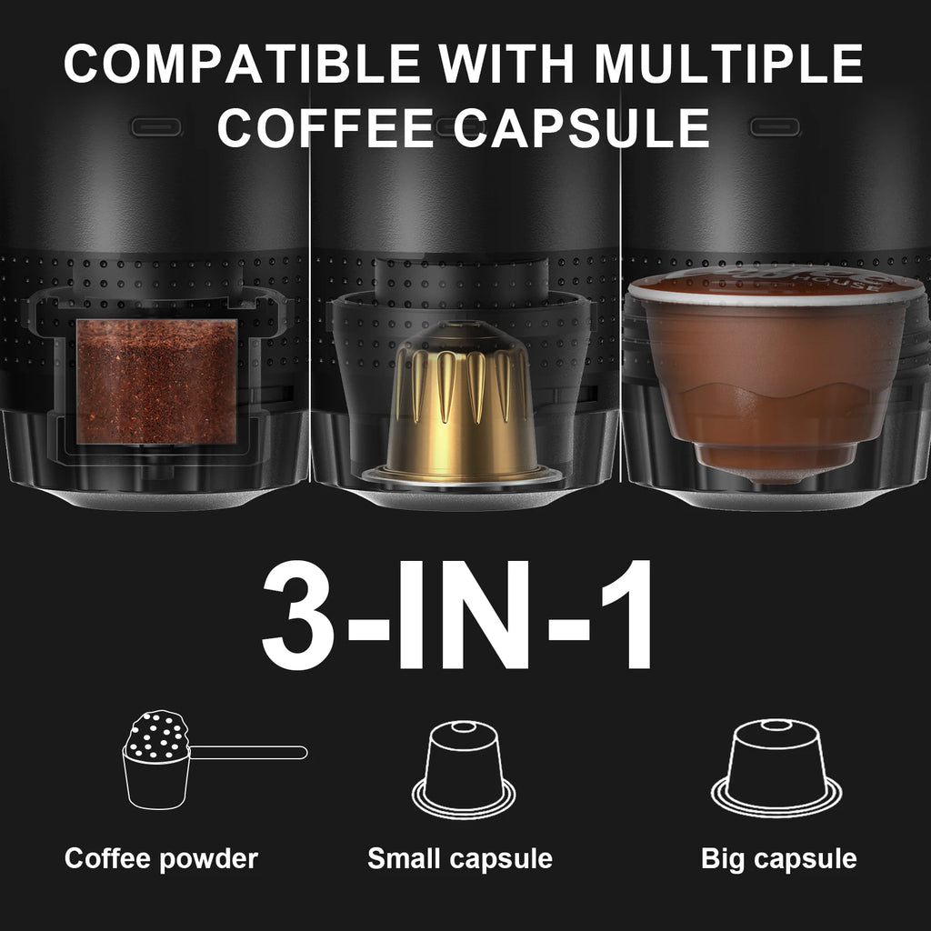 Wireless Electric Portable Espresso Coffee Machine for Car & Home Camping Coffee Maker 3-in-1 Capsule Powder