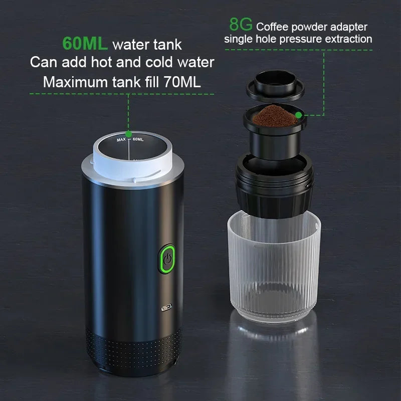 Wireless Electric Portable Espresso Coffee Machine for Car & Home Camping Coffee Maker 3-in-1 Capsule Powder